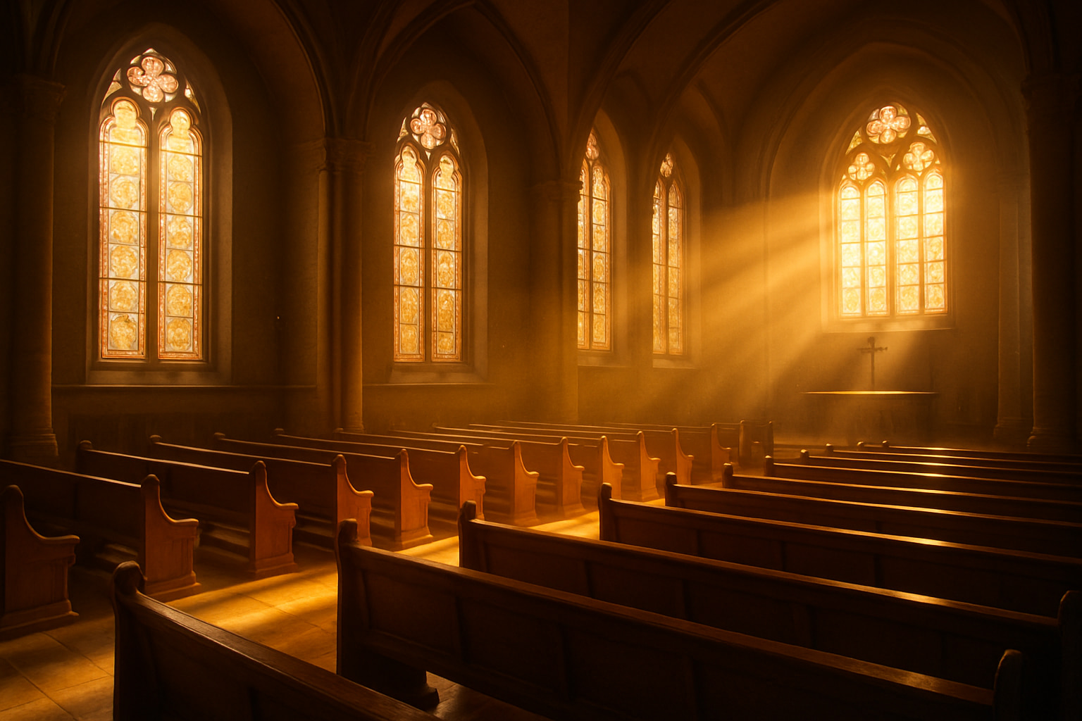 Sunlight streaming through stained glass onto wooden pews